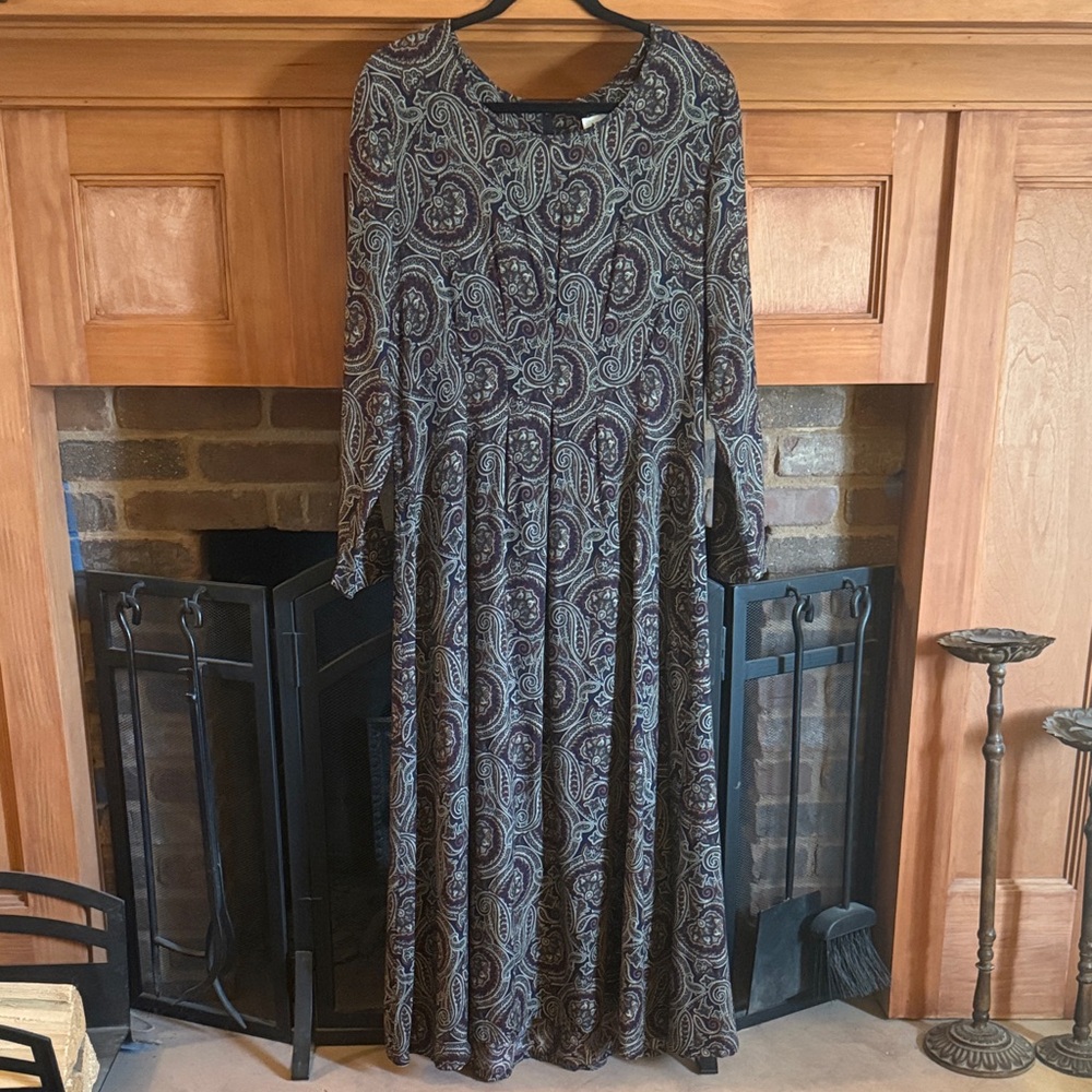 VTG 90s J.B.S. Ltd. Paisley Long Sleeve Maxi Pleated Dress Burgundy Teal L